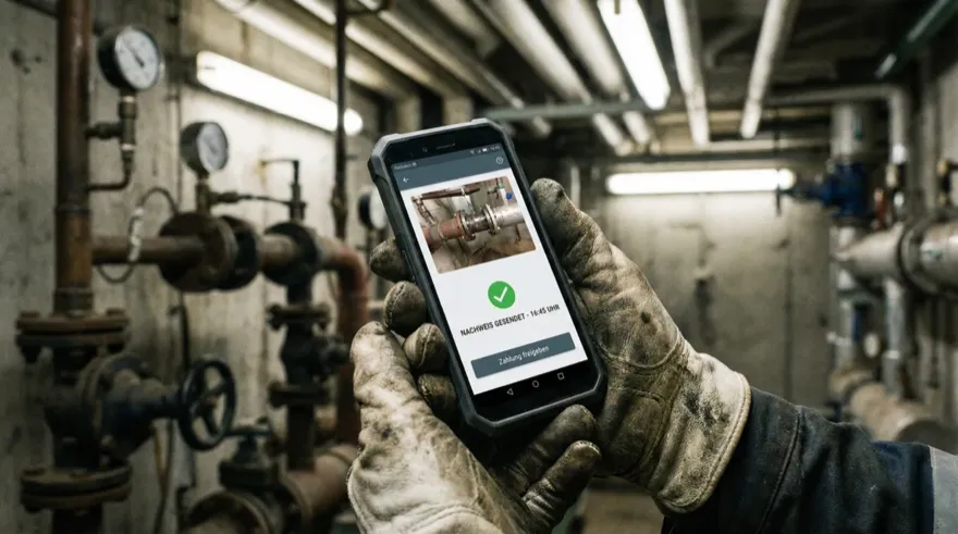 Handwerker prüft eine offene Forderung auf dem Smartphone