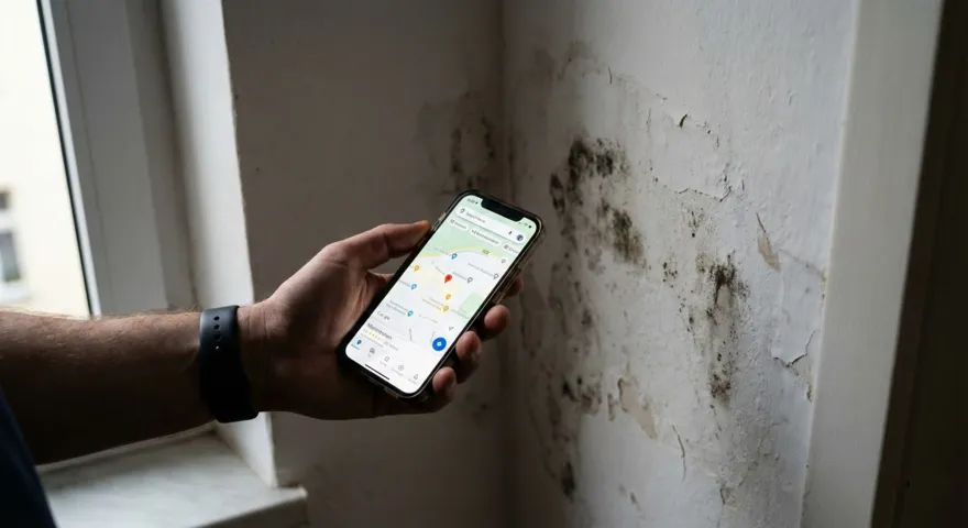 Feuchtigkeitsschaden in einem Kellerraum wird mit dem Smartphone dokumentiert